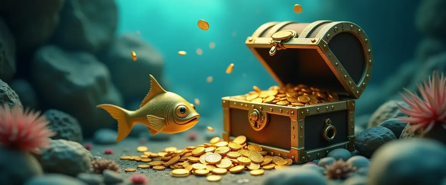 Golden fish beside a chest of coins — Daily Spin Frenzy free spins at Neptune Play